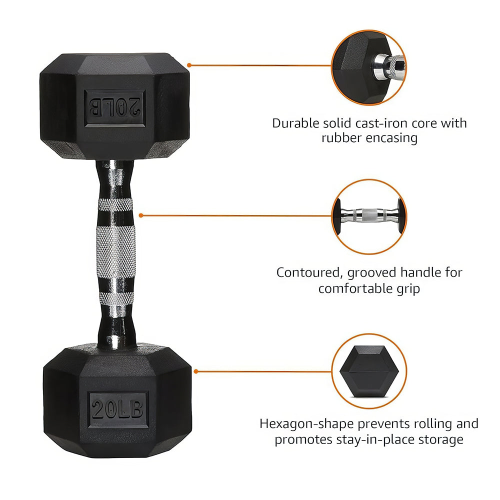 30 Pound Hex Dumbbell with Rubber Coated Ends and Grip Handle